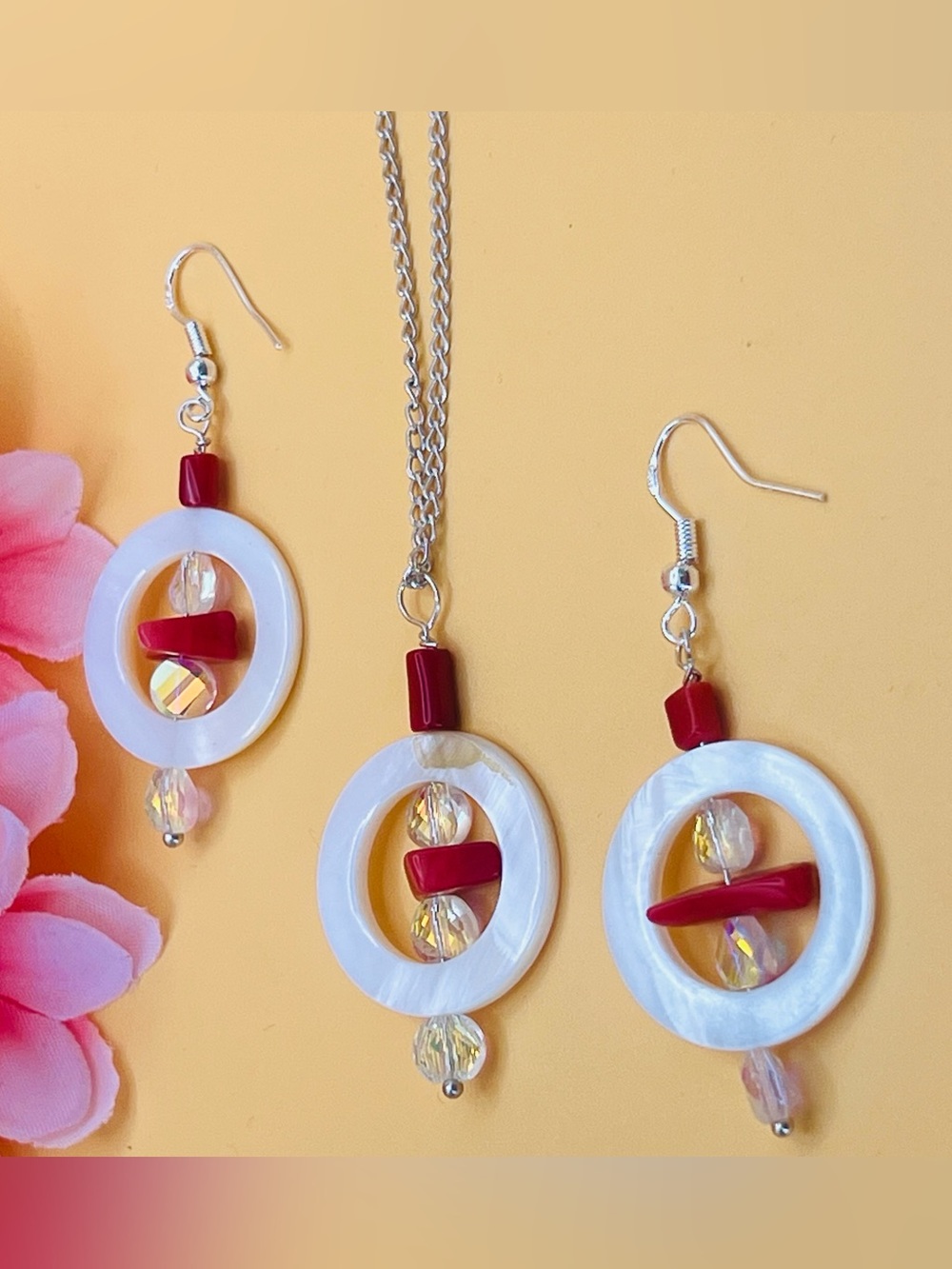 Elegant  .925 Silver clear crystals and Red coral Jewelry Set